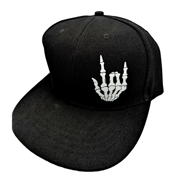 Skeleton Hand Rock On Snapback Hat Adjustable Black Flat Bill NWT - Picture 1 of 4